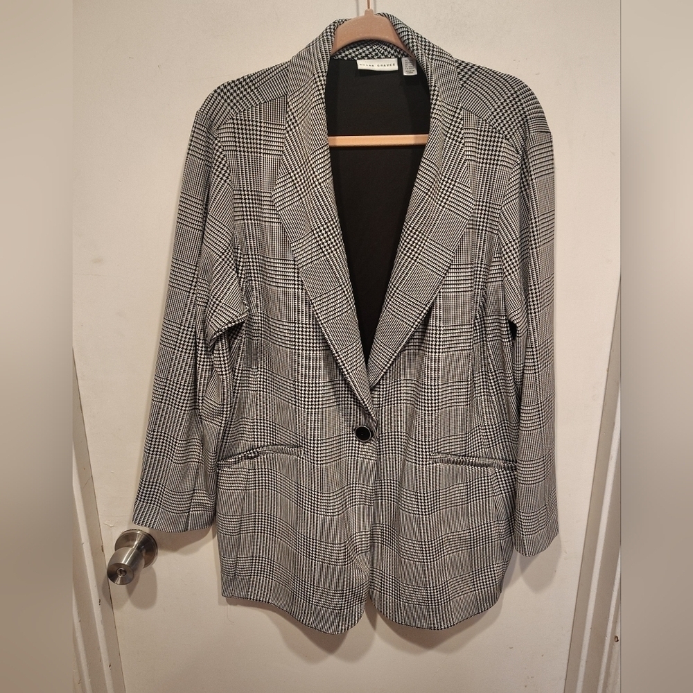 Susan Graver Black & White Glen Plaid Liquid Knit Blazer Sz 2X Petite Career